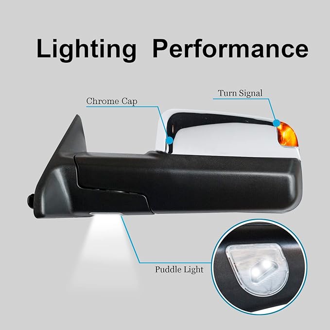 WLLW Towing Mirrors fit for 2009-2018 Dodge Ram 1500 2500 3500 Pickup with Heated, Power Adjusted, Puddle Lamp, Turn Signal Light, Temperature Sensor, Chrome Cap