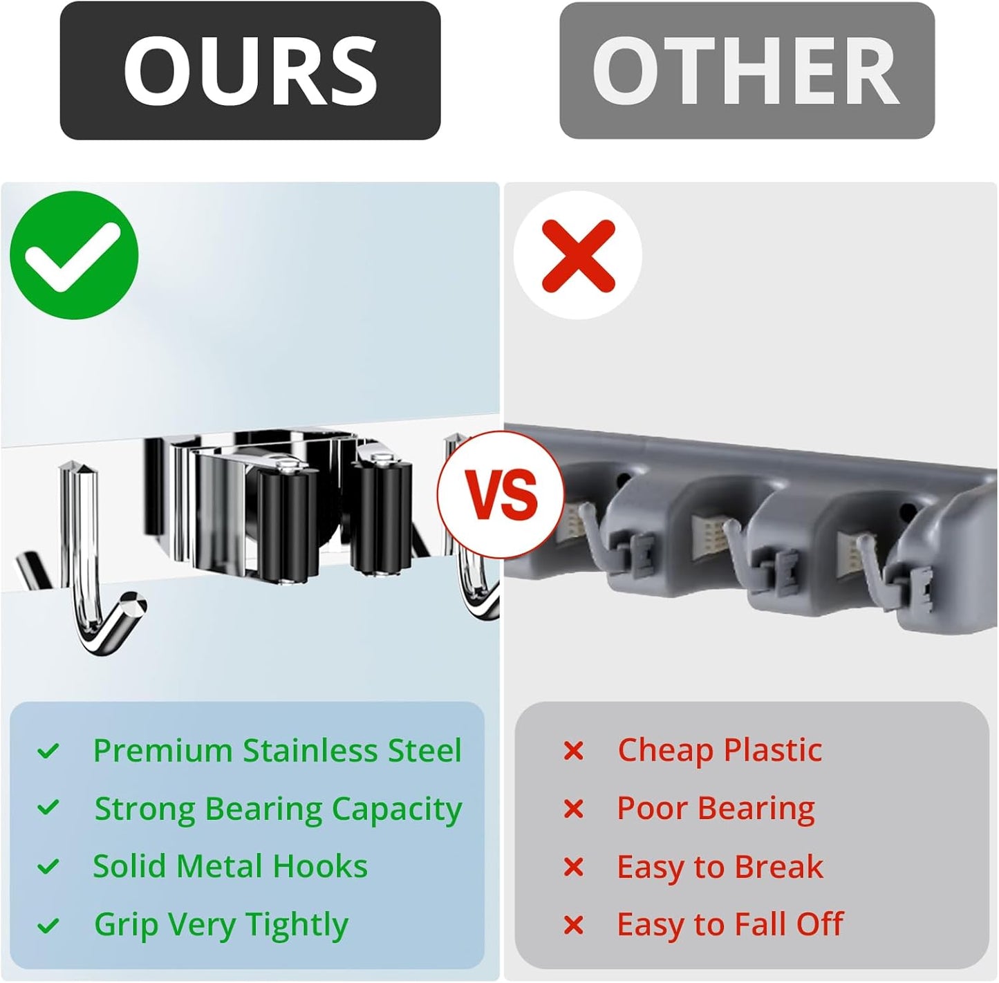 ZONGOOL 2 Pack Mop Broom Holder Wall Mount, 4 Racks and 5 Hooks Broom Organizer Storage Tool Racks Stainless Steel Non-slip Wall Hanger for Home Kitchen Garden Laundry Garage (Silver)