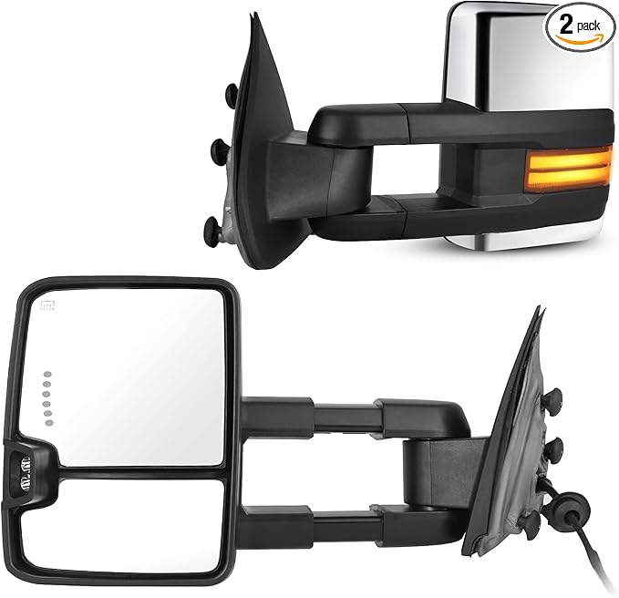 AUTOSAVER88 Towing Mirrors Compatible with 2014-2018 Chevy Silverado GMC Sierra 1500 2500HD 3500HD, LED Tube Turn Signal Light Power Heated Telescoping Tow Mirrors Pair Set-Chrome