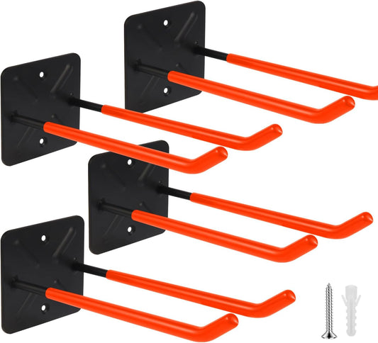 Steel Garage Storage Hooks Wall Tool Organizer, 14 Inch Garage Hook Heavy Duty Utility Storage Hangers Orange for Ladders, Chairs, Garden Tools, Set of 4