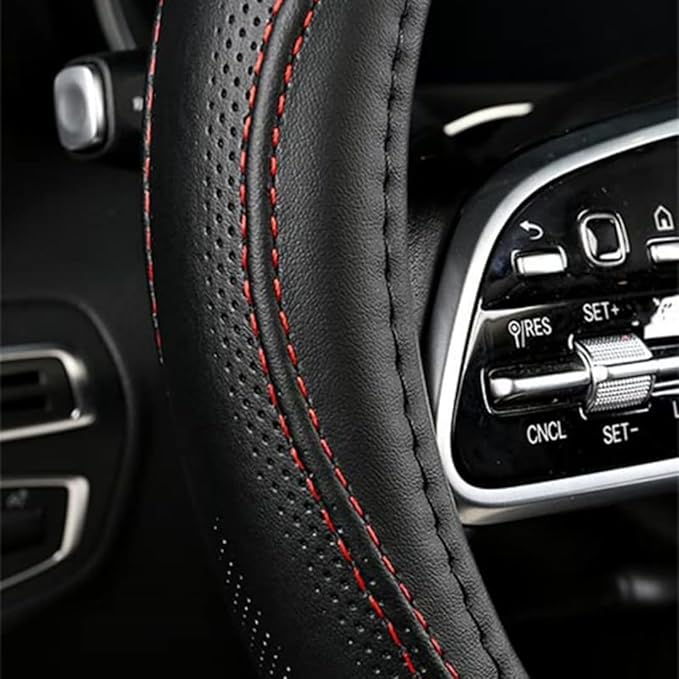 Cowhide Steering Wheel Cover Heat Resistant Anti-Slip Car Wheel Wrap Compatible with Most Makes and Models of Cars and Trucks with 14.5 to 15 Inch Steering Wheel(BlackRed)