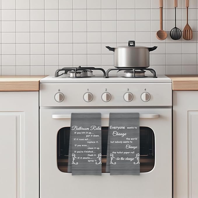 Funny Bathroom Rules Decorative Hand Towels Set of 2, Rustic Farmhouse Hand Towels for Bathroom Decor, 16x24 Inch(Elegant Gray Style)