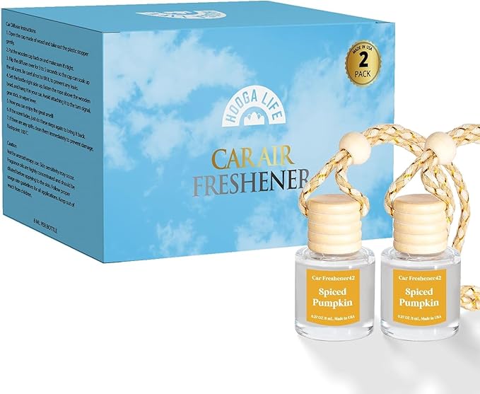 HoogaLife Car Air Freshener Diffuser 2 Pack Hanging Spiced Pumpkin Car Air Freshener for Women 45+ days Long Lasting Fragrance Made in USA (P42)