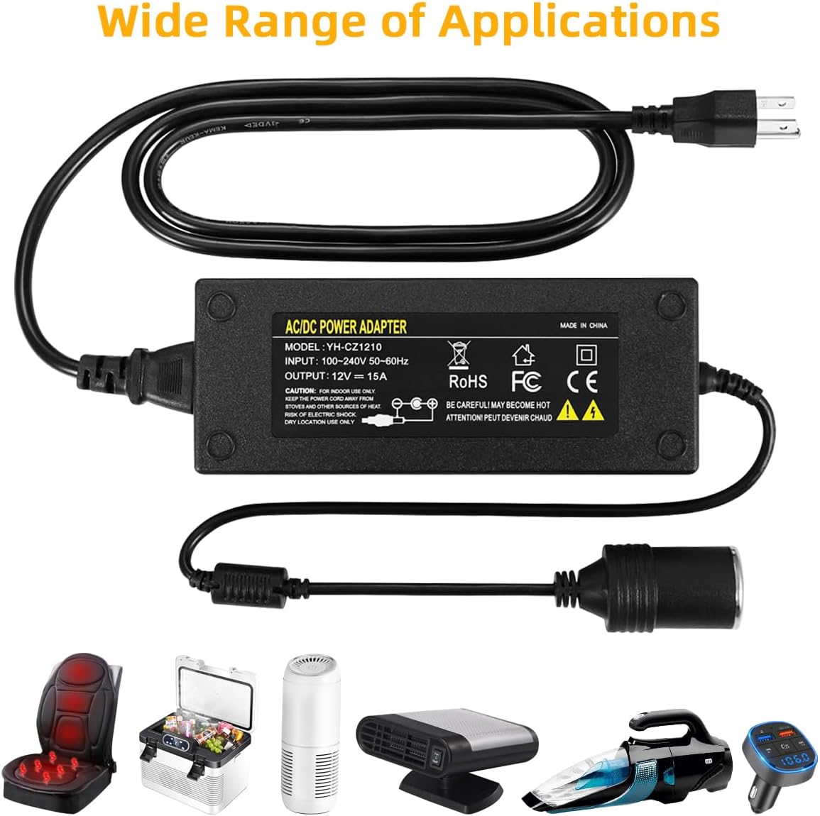 180W AC to DC Converter, 100V ~ 240V to 12V 15A Car Cigarette Lighter Socket AC/DC Adaptor Power Supply for Car Refrigerator, Tire Inflator, Vacuum Cleaner and Other Devices 7.2FT
