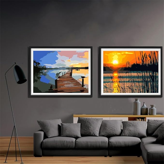 YANXIN Paint by Numbers Kit for Adults Beginners 2 Pack Paint by Numbers for Adults Rolled up Canvas for Home Decoration Creative Wall Art with Colorful Gift Box 12x16 inch Lake Sunset 171-172