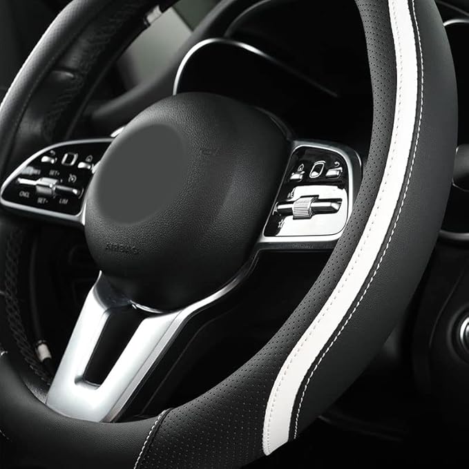 Car Steering Wheel Cover, Leather Steering Wheel Cover White Universal 14.5-15 Inch Microfiber Leather Anti-Slip Breathable Auto Steering Wheel Covers for Men Women(Black & White)