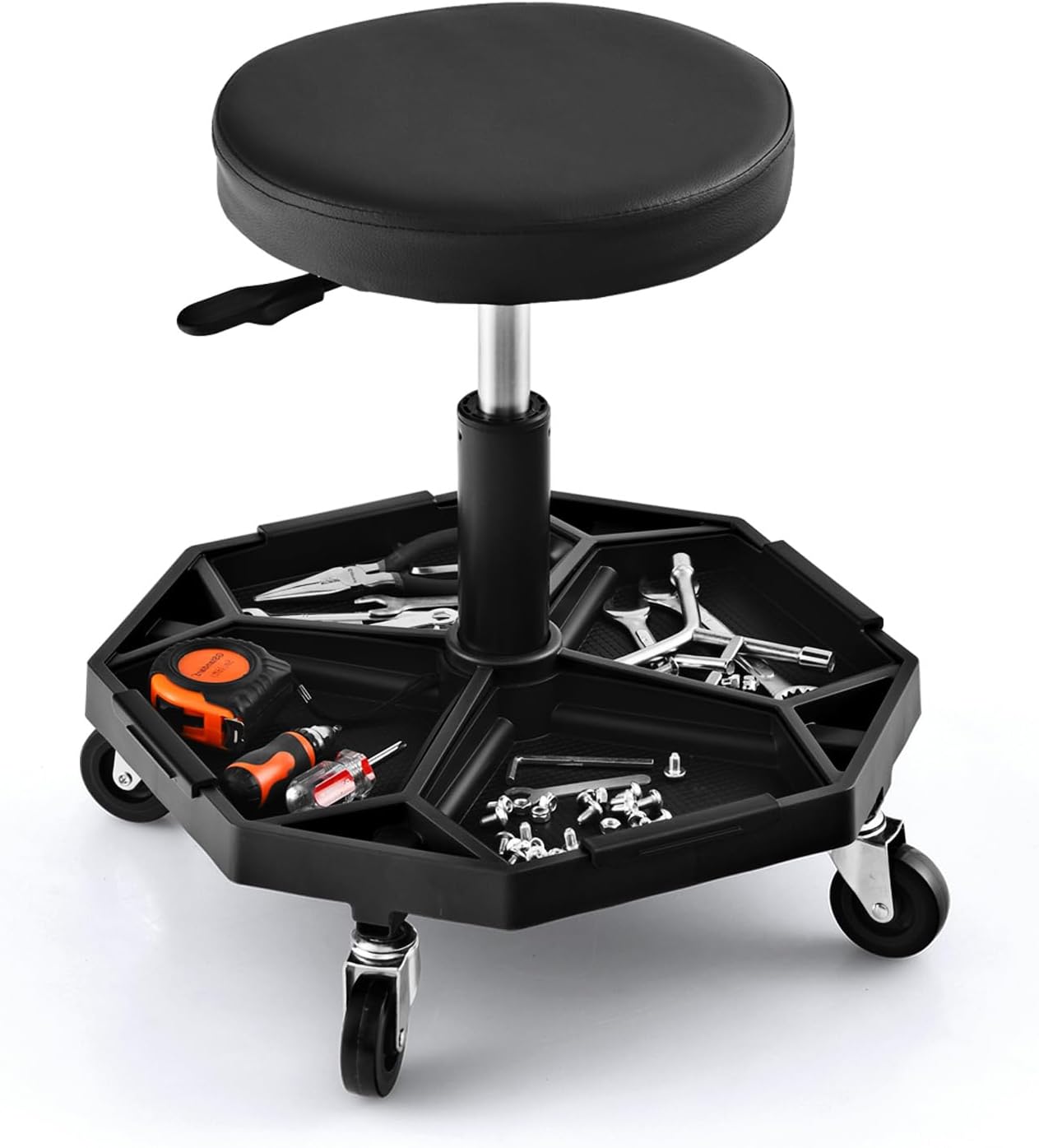 IRONMAX Rolling Mechanic Stool, Adjustable Shop Stool Creeper Seat with Removable Tool Tray, Padded Plush Cushion, Universal Wheels, Heavy Duty Metal Frame, 330 LBS Max Load (Black)