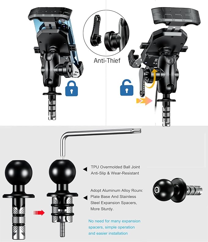 iMESTOU Motorcycle Fork Stem Phone Mount Wireless/USB C Charger with RAM 1" Ball Fits for Kawasaki, Ducati, Honda, BMW etc. with Fork Hole Dia. 0.47"-1" Quick Charge for 4.0"-6.8" Smartphones