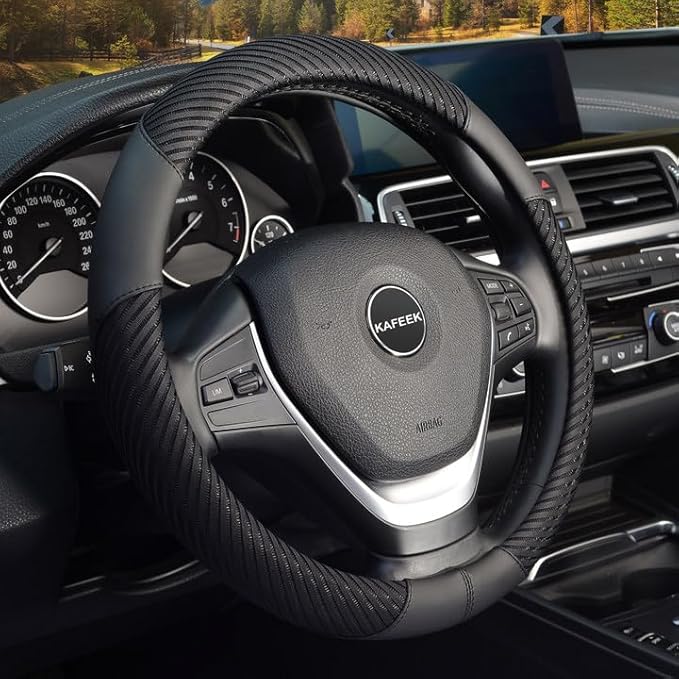 KAFEEK Steering Wheel Cover, Universal 15 inch, Microfiber Leather Ice Silk, Breathable, Black