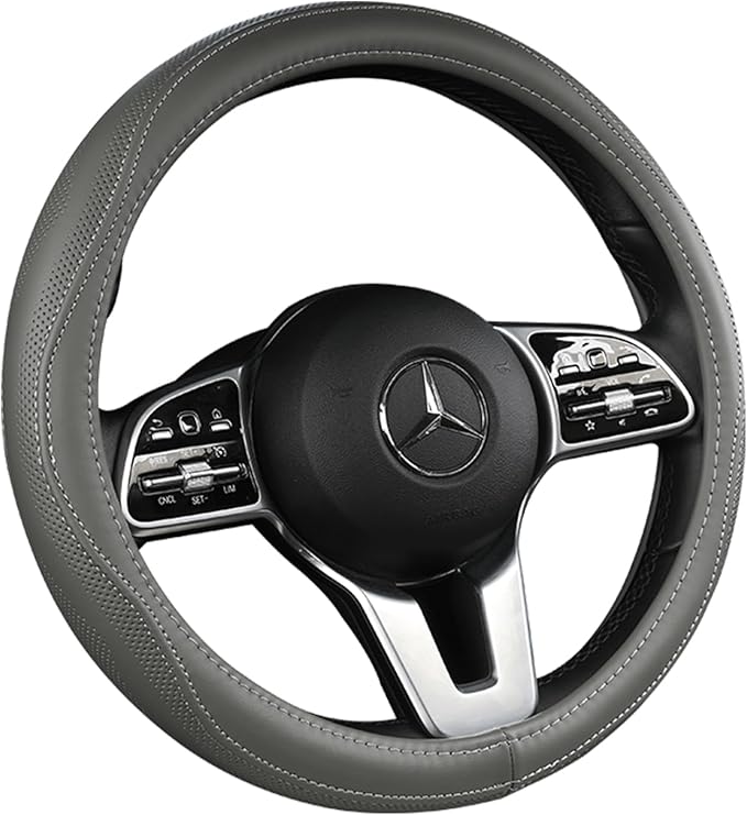 Cowhide Steering Wheel Cover Heat Resistant Anti-Slip Car Wheel Wrap Compatible with Most Makes and Models of Cars and Trucks with 14.5 to 15 Inch Steering Wheel(Gray)
