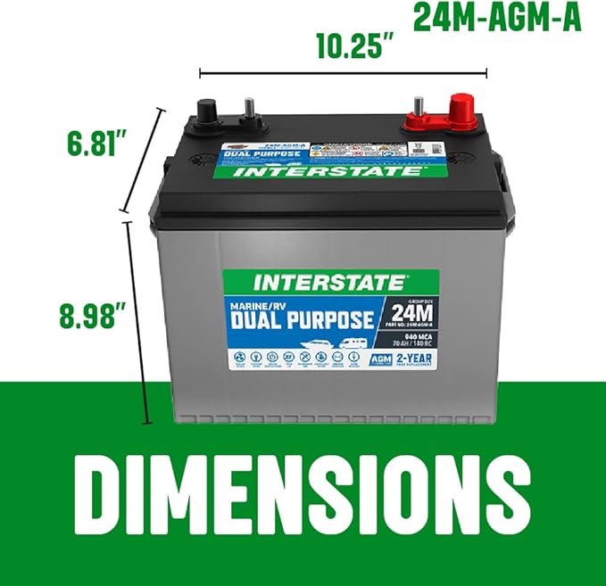Interstate Batteries Marine/RV Battery 12V 70Ah 750CCA (24M-AGM) Dual Purpose Power Pure Lead AGM RV & Marine Starting Replacement Battery (Group Size 24) Boats, RV's