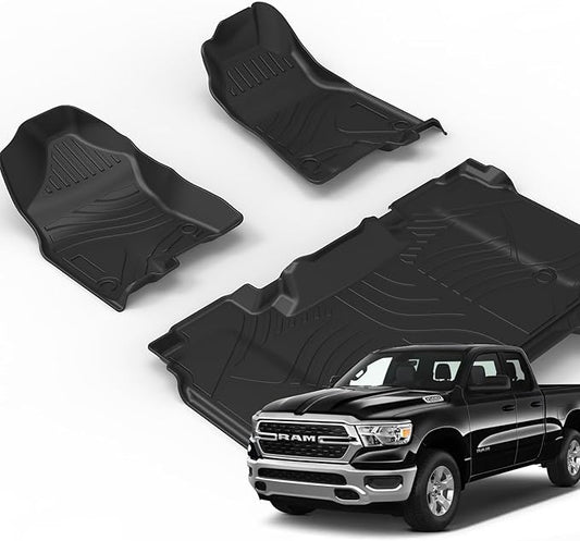 Floor Mats Custom Fit for 2019-2025 Dodge Ram 1500, TPE All-Weather Floor Liners Full Set with 1st & 2nd Rows, Fit Bucket or Bench Seats (Crew Cab 2019-2025 New Body, Full Set(Without Storage))