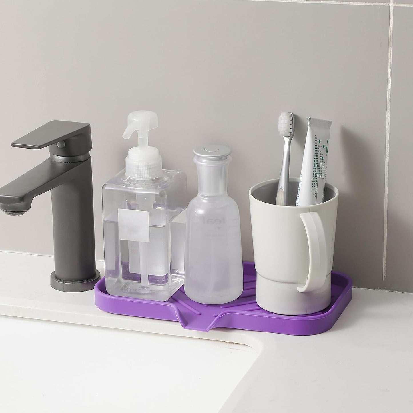 Silicone Bathroom Soap Dishes with Drain Spout-Bathroom and Kitchen Sink Organizer,Sponge Holder,Dish Soap Tray,Perfect for Dispenser,Scrubber,Bottle,Cup on Sink or Counter-Purple 9.6"×5.3"
