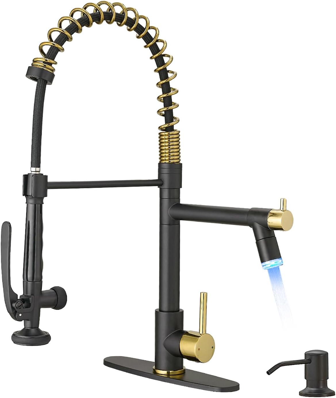 Fapully Commercial Kitchen Faucets with Pull Down Sprayer Matte Black&Gold LED Kitchen Faucet with Soap Dispenser and Deck Plack for 4 Hole, Single Handle Faucet for Kitchen Sink