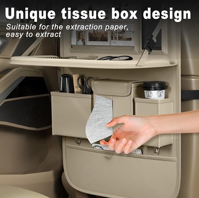 Car Seat Organizers,Multi-functional Back Seat Protectors, Storage Pouches, and Tray Holders (for Cars, Kids, Seat Back and Rear Seats) (Plain Beige, 1 Pcs)