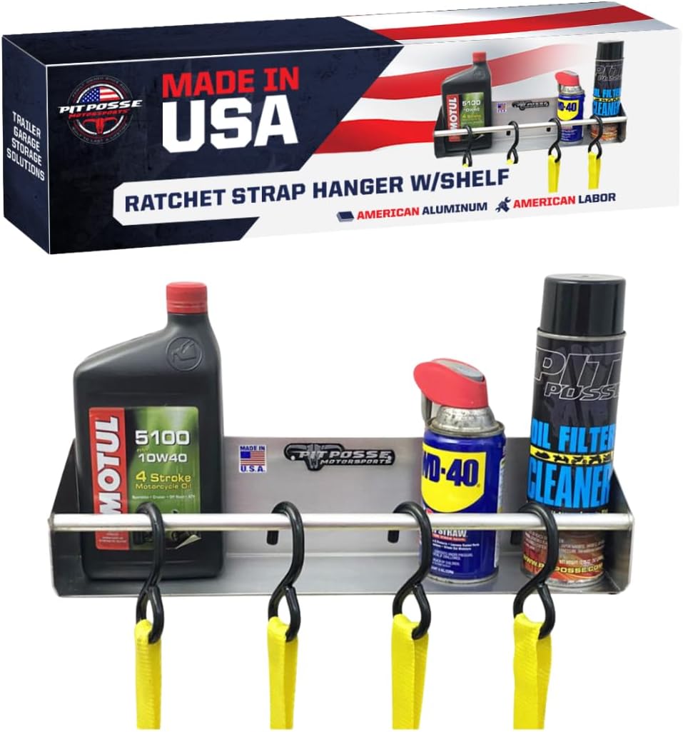 Pit Posse 465 Tie Down Hanger Holder Aluminum Wall Mount Rack Shelf for Race Trailer Garage Shop Storage Organizer- Made in USA-Holds Tie Downs, Ratchet Straps, Bungee Cords, Aerosol Cans, Oils