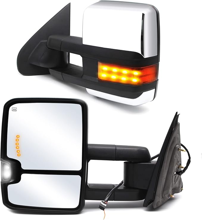 ReYee Towing Mirrors for 2014-2019 Chevy Silverado 1500 2500 3500 GMC Sierra with Heated Power Arrow Light Turn Signal Light Auxiliary Lamp Manual Fold Telescoping Chrome Cap