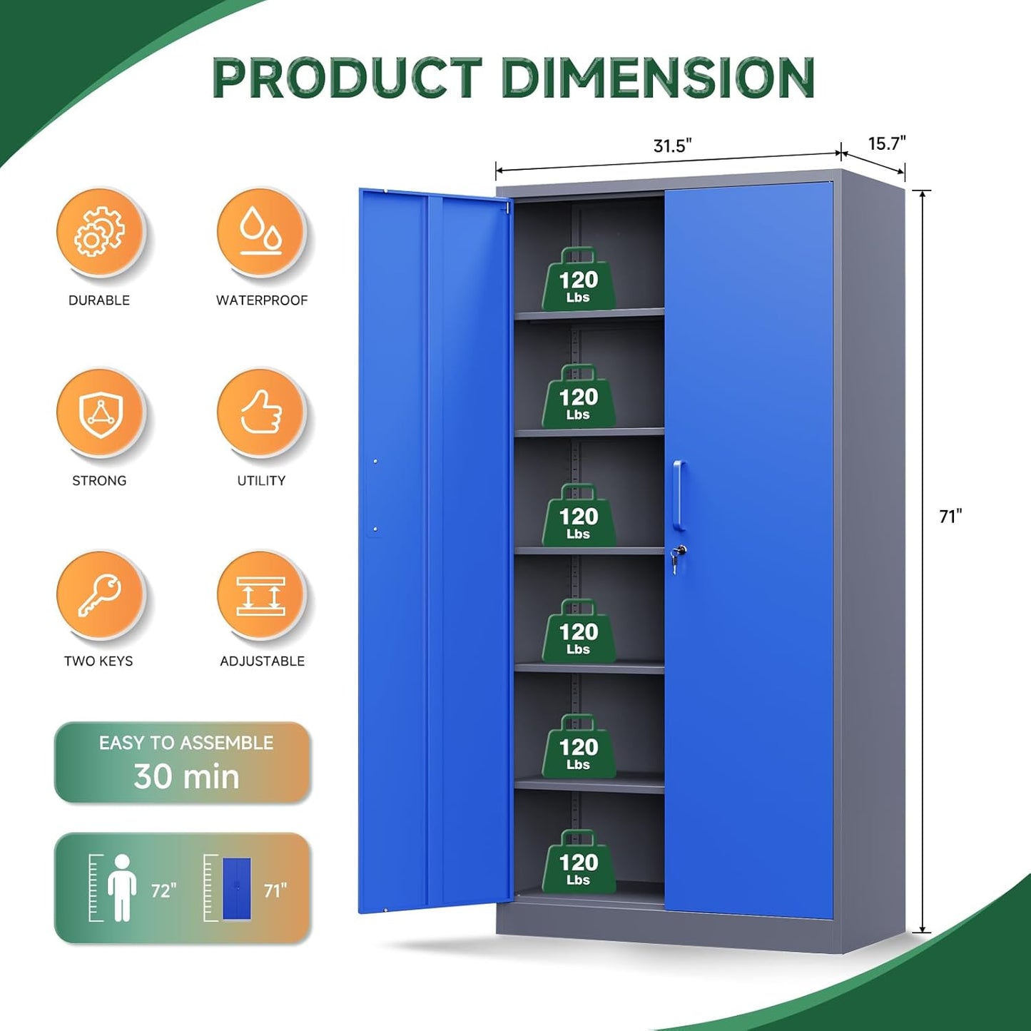 Letaya Metal Garage Storage Cabinets with Lock Door and Adjustable Shelves, Steel Tool Cabinets for Home,Office,Warehouse Organisieren (Blue Gray)