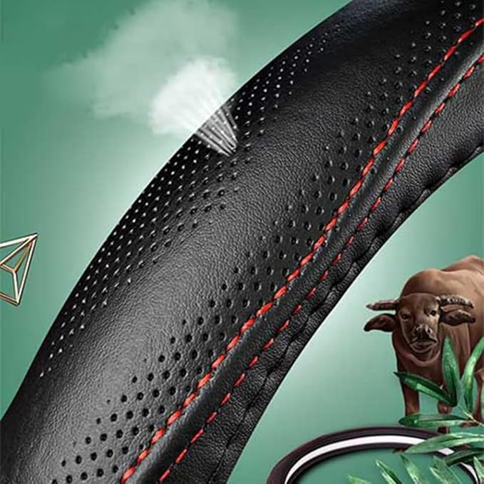 Cowhide Steering Wheel Cover Heat Resistant Anti-Slip Car Wheel Wrap Compatible with Most Makes and Models of Cars and Trucks with 14.5 to 15 Inch Steering Wheel