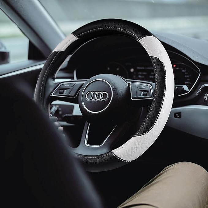 Leather Car Steering Wheel Cover, Non-Slip Car Wheel Cover Protector Breathable Microfiber Leather Universal Fit for Most Cars(White)