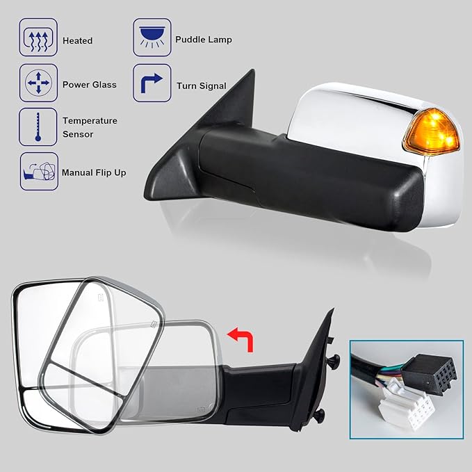 WLLW Towing Mirrors fit for 2009 2010 2011 2012 2013 2014 2015 2016 2017 2018 Dodge Ram 1500 2500 3500 Pickup with Power Adjusted Heated Turn Signal Light Temperature Sensor Puddle Lamp Chrome Cap