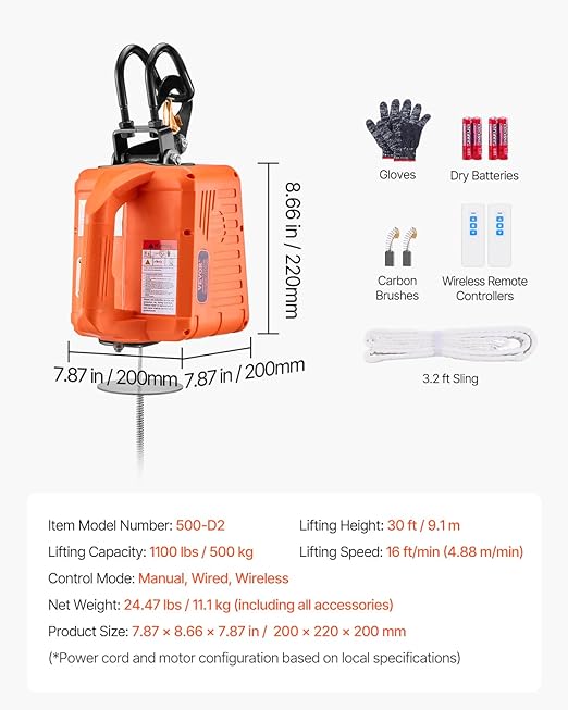 VEVOR 3-in-1 Electric Hoist Winch, 1100 lbs Capacity, 1500W Portable Power Winch, 30 ft Lifting Height, 16 ft/min with Wire and Wireless Remote Control, for Garage, Warehouse, Factory Lifting Towing