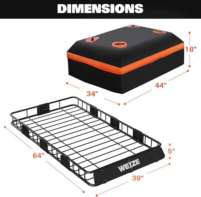 WEIZE Heavy Duty 64"x 39" Roof Rack, Rooftop Cargo Carrier Basket with Waterproof Bag, Tie Down Strap & Net, Car Top Luggage Holder for SUV, 200lb Capacity, Steel Construction