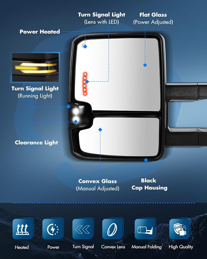 ECCPP Towing Mirrors Compatible With 2003-2006 For Chevy Silverado 2003-2006 For GMC Sierra With Power Heated Turn Signal Light switchback light on cover Back up lamp Black Texture