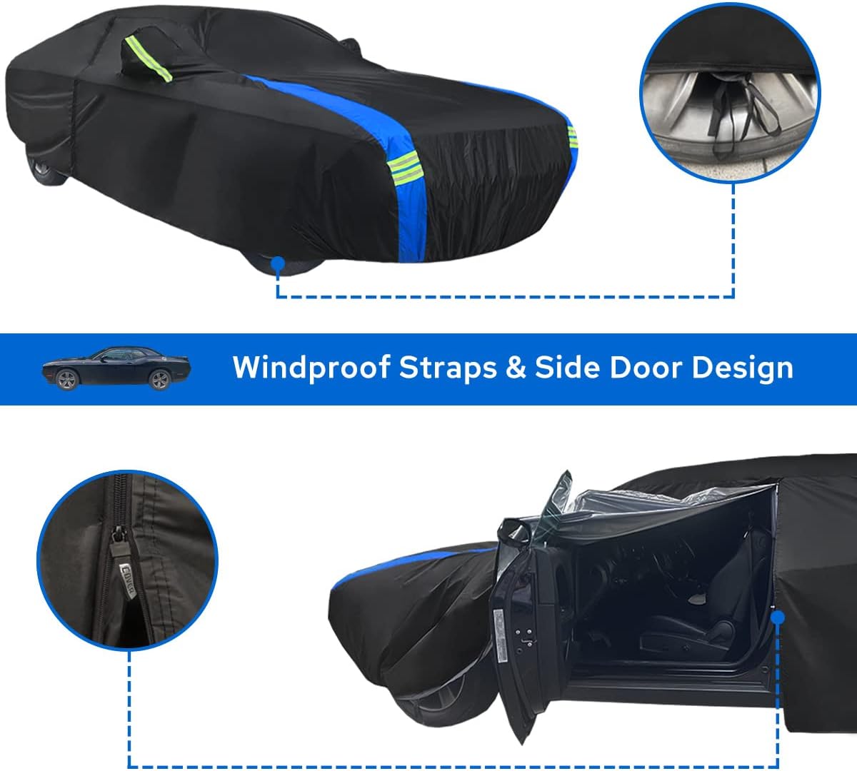 Avecrew Dodge Challenger Car Cover Waterproof All Weather for Automobiles, Outdoor Full Exterior Covers Fit 2008-2025 Dodge Challenger with Windproof Strap and Driver Door Zipper