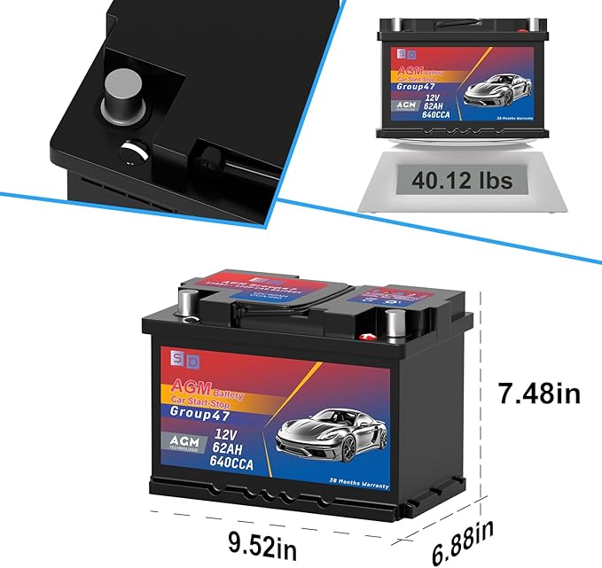 AGM Group 47 Start-Stop Car Battery, 12v 60AH 640-700CCA Maintenance Free Automotive Replacement Batteries, 38 Month Warranty
