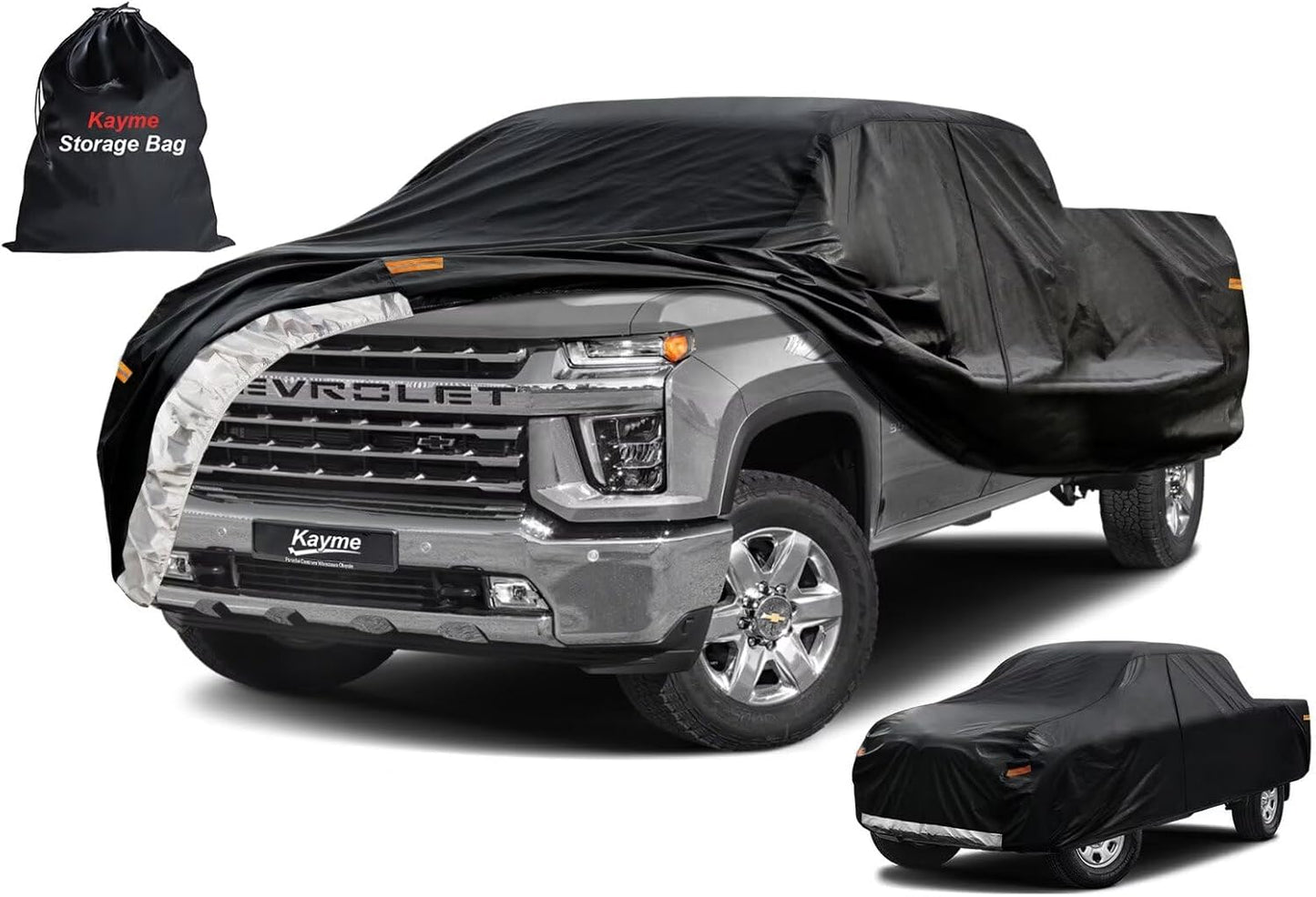 Kayme Truck Cover Custom Fit Chevrolet Silverado 3500HD(2007-2019) Crew Cab SB. Full Exterior Heavy Duty Outdoor Pickup Truck Car Cover Waterproof All Weather.Car Tarp for Wind Sun Dust Protection.