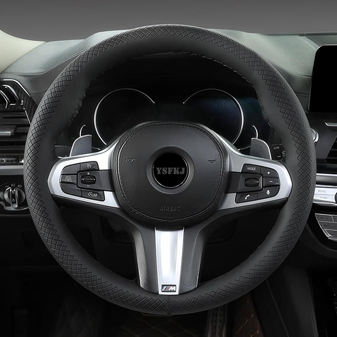 Black Leather Steering Wheel Cover, Stitch On Wrap, Breathable Cowhide Car Steering Wheel Cover, Standard Size 15 Inch (Type C)