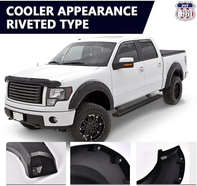 PIT66 Fender Flares Compatible with 2009-2014 Ford F150 Styleside with 67.0"/78.8"/97.4"Bed Length Only(NOT For Platinum and Raptor models), Wheel Flares Paintable Riveted Smooth Matte Pocket Style