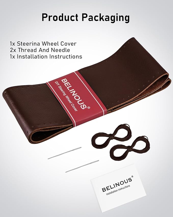 Belinous Leather Steering Wheel Cover Lace Up, Stitch On Wrap, Universal Fit 13-20 inch Car Truck SUV Pickup Boat, A Whole Piece of Cowhide, DIY Stitch w/Needle Thread (Size XXL6, Coffee)