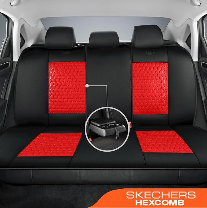 Skechers Memory Foam™ Car Seat Cover Full Sets, Hexcomb Breathable Thick Seat Covers, Airbag Compatible, Automotive Comfort & Protection for Most Cars,Van,Trucks, SUVs (Red,Full Set)
