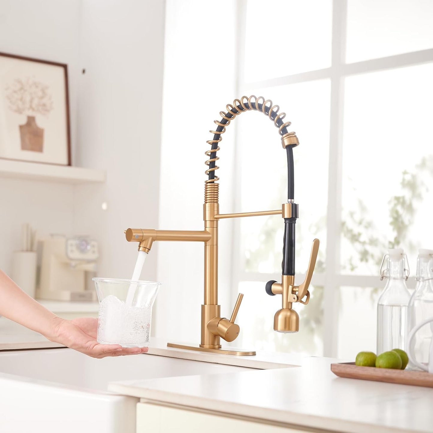 Fapully Commercial Kitchen Faucets with Pull Down Sprayer Brushed Gold LED Single Handle Faucet for Kitchen Sink, Kitchen Faucet with Soap Dispenser and Deck Plack for 4 Hole