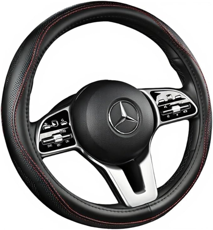 Cowhide Steering Wheel Cover Heat Resistant Anti-Slip Car Wheel Wrap Compatible with Most Makes and Models of Cars and Trucks with 14.5 to 15 Inch Steering Wheel(BlackRed)