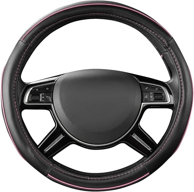 CAR Pass Colour Piping Leather Universal Fit Steering Wheel Cover, Perfectly fit for 14.5-15 inches Suvs, Vans, Trucks, Sedans, Cars (Black&Pink)