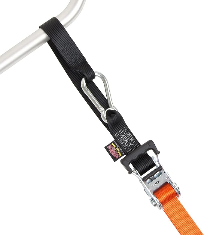 PowerTye 1.5 inch x 10ft Extra Long Ratchet Tie Down Straps, Heavy Duty with Carabiner Hooks, Soft-Tye & Bag, for Motorcycle, ATV & Cargo - 1,000 lb WLL - Made in USA - Orange/Black Pair