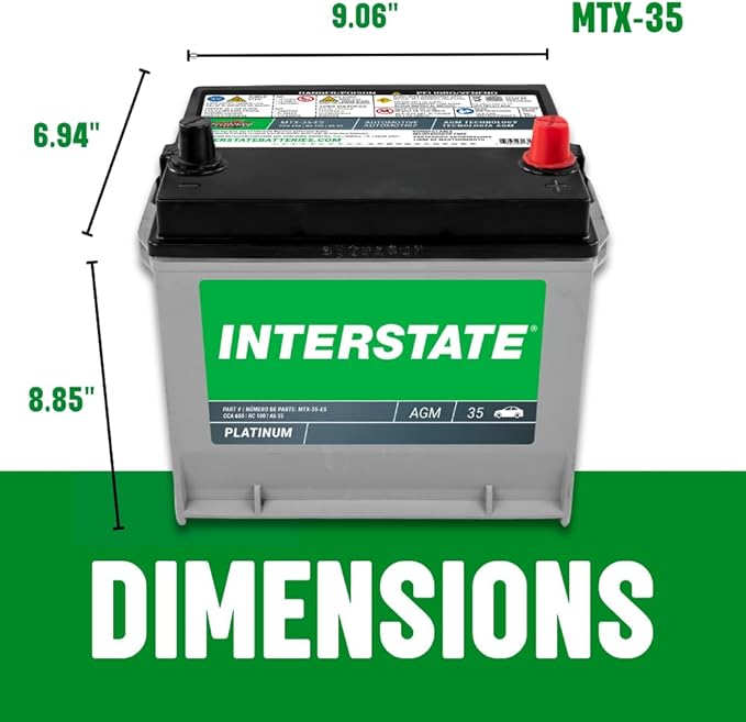 Interstate Batteries Automotive Battery 12V 55Ah (Group Size 35) 650CCA SLI AGM Auto Battery Replacement for Cars, SUVs, Sedans, Trucks (MTX-35)