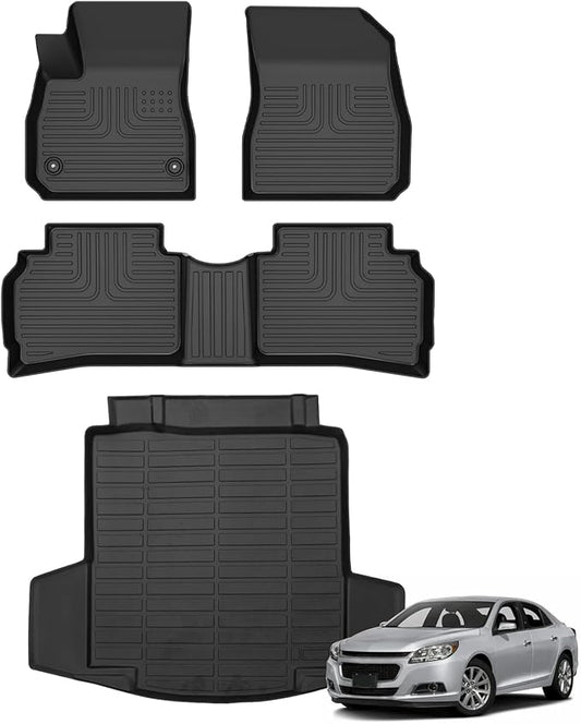 Floor Mats & Cargo Liner for Chevrolet Chevy Malibu 2016-2024 2025 All Weather Automotive TPE Liners Set Anti-Slip Waterproof Floor Liners Accessories (Car Mats+Trunk Mat) Black