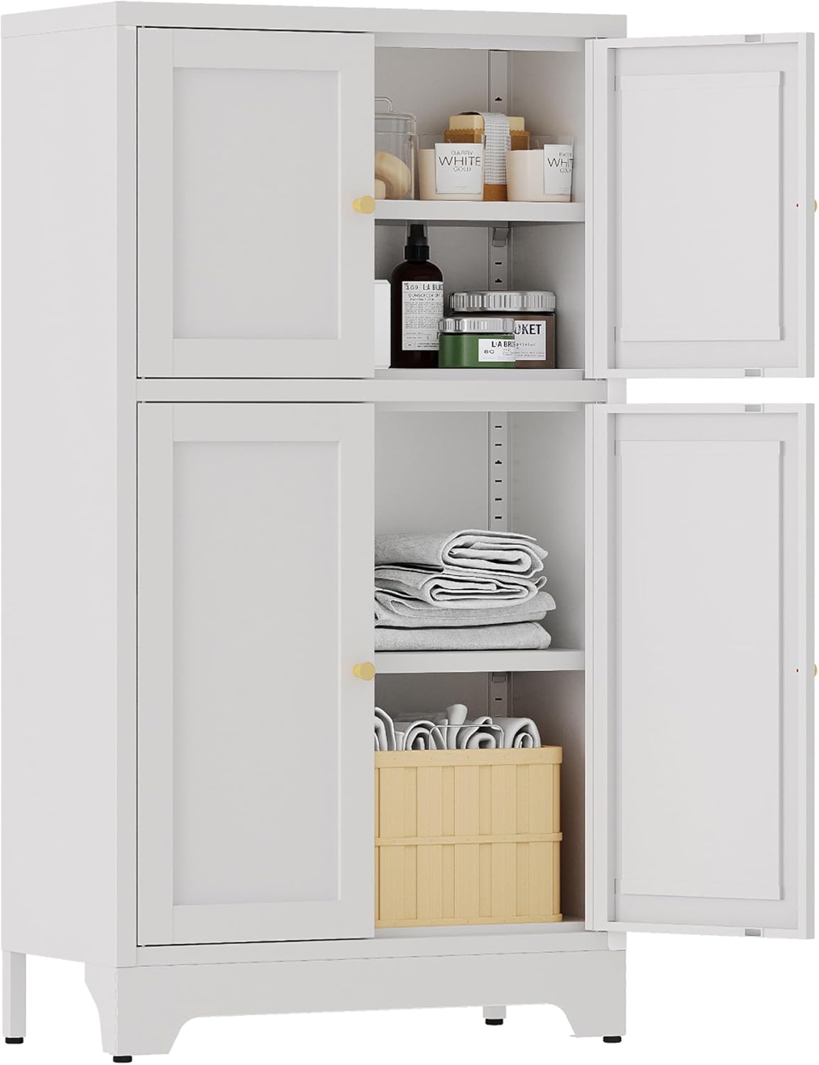 White Bathroom Floor Cabinet, Metal Storage Cabinet with 2 Adjustable Shelves & 4 Doors,Freestanding Sideboard for Dining Room,Living Room, Home Office