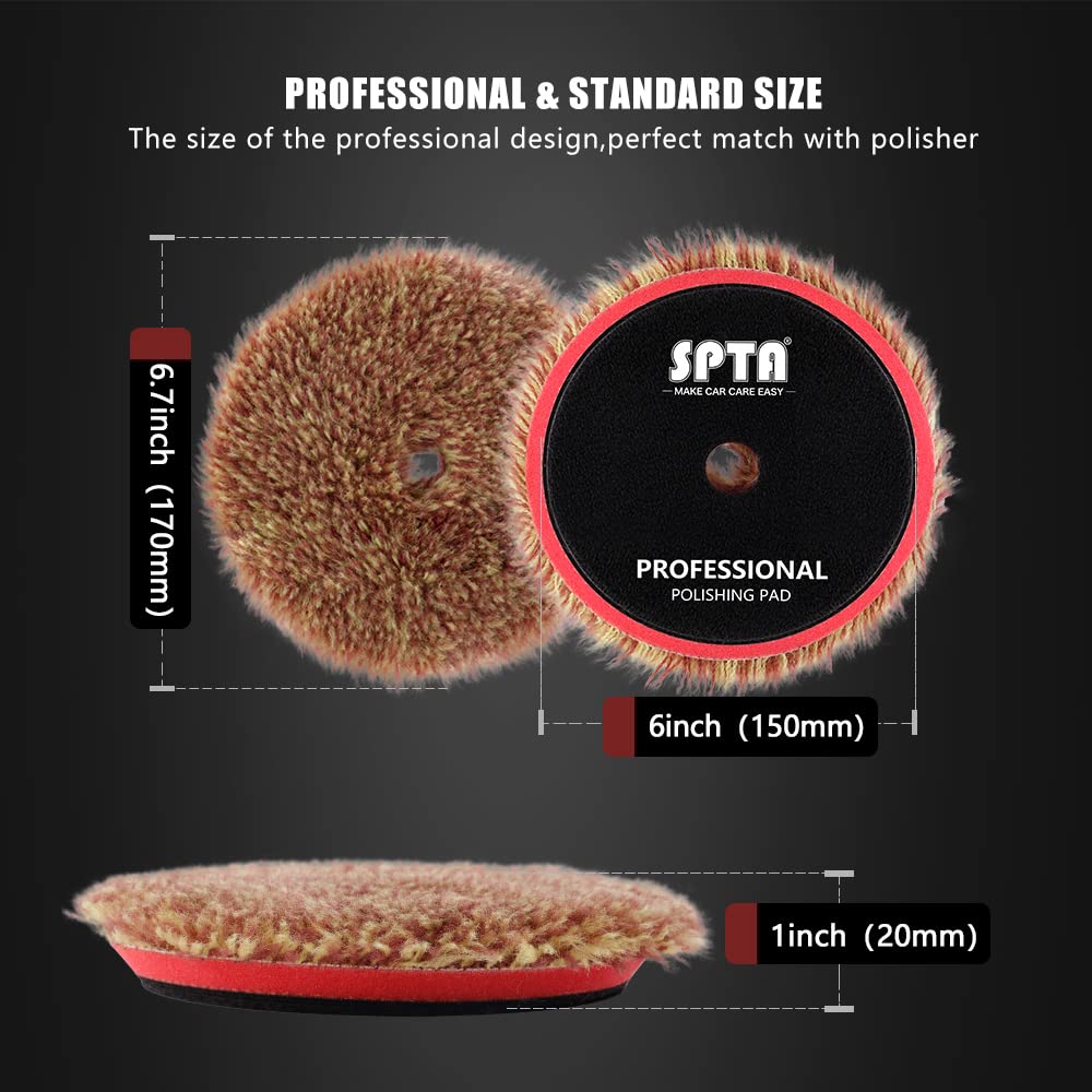 SPTA Wool Polishing Pads, 2Pcs 6 Inch (150mm) Wool Cutting Pad, Long Hair Wool Buffing and Polishing Pad Set, Wool Buffing Wheel for Heavy Cut for 6 Inch Car Polisher Polishing, Buffing and Cutting