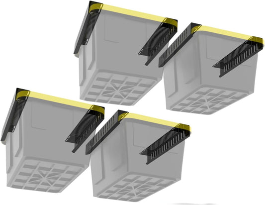 Overhead Bin Rack - Ceiling Mount Overhead Garage Storage Rack | Adjustable Width and Orientation | Heavy Duty Ceiling Bin Storage Rails | Fits Black & Yellow Storage Bins | USA Designed (4 Bins)