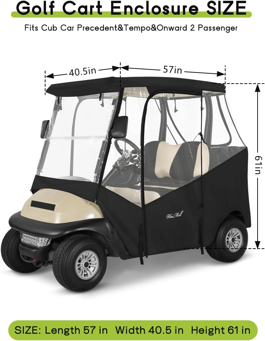 Golf Cart Enclosure 2 Passenger for Club Car Precedent & Tempo & Onward 2-Person Seaters Waterproof Transparent Driving Rain Enclosure Cover with 4-Sided Clear Windows Mirror Zipper Roll-Up Door Black