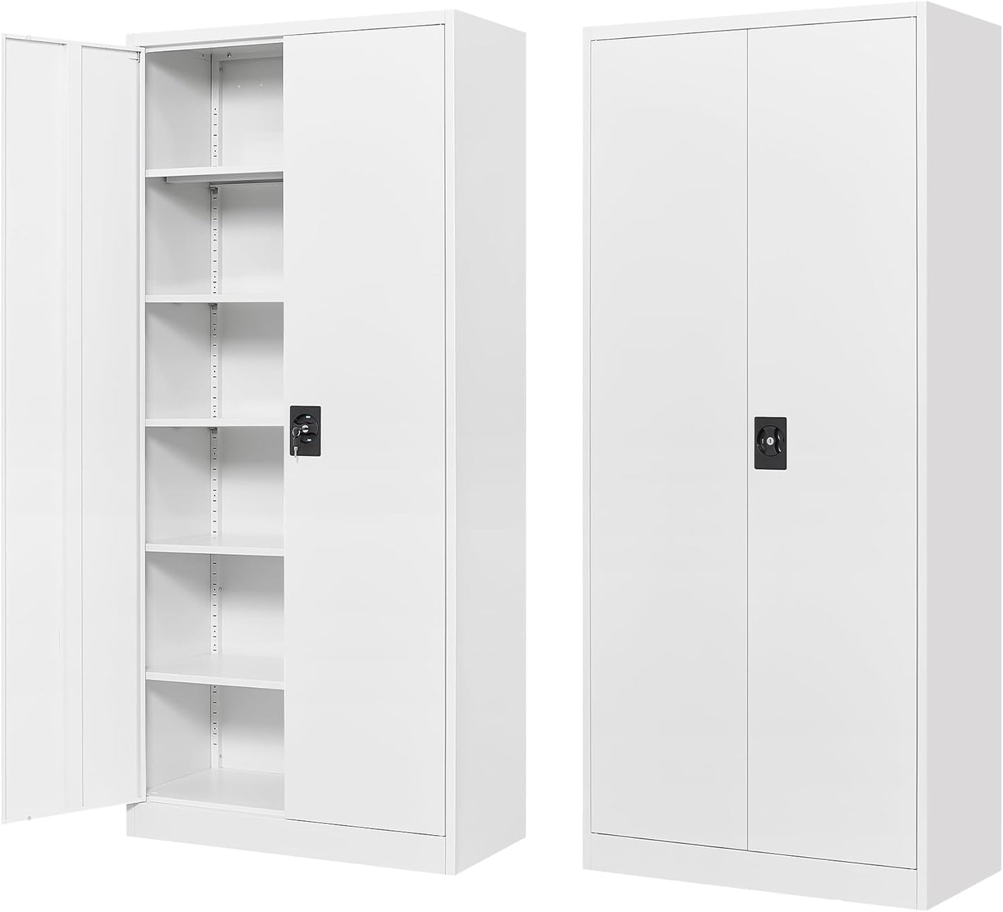 Wide & Deep Metal Storage Storage Cabinet with 5 Adjustable Shelves,White Metal Cabinet with Lock,Steel Pantry Cabinets,72" Lockable Cabinets for Home,Office,Garage,Kitchen,Shop