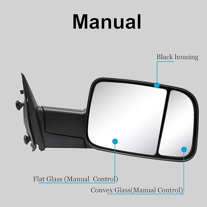 WLLW Towing Mirrors fit for 2009-2018 Dodge Ram 1500 2500 3500 Pickup with Manual Adjust Glass Manual Flip Manual Folding Black Cap