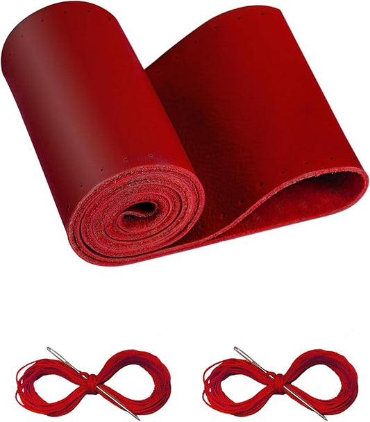 BELINOUS Leather Steering Wheel Cover Lace Up, Stitch On Wrap, Universal Fit 13-20 inch Car Truck SUV Pickup Boat, A Whole Piece of Cowhide, DIY Stitch w/Needle Thread (Size S4, Red)