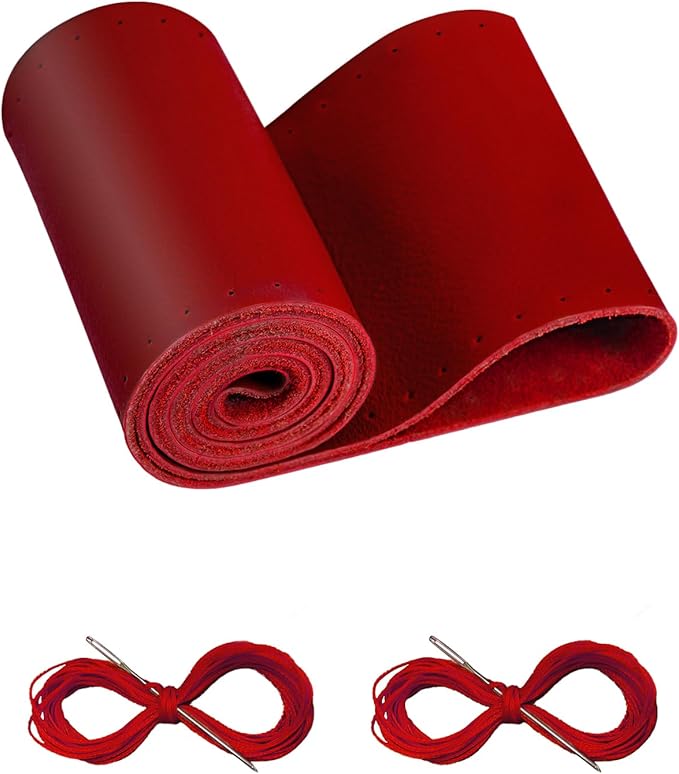 BELINOUS Leather Steering Wheel Cover Lace Up, Stitch On Wrap, Universal Fit 13-20 inch Car Truck SUV Pickup Boat, A Whole Piece of Cowhide, DIY Stitch w/Needle Thread (Size L0, Red)