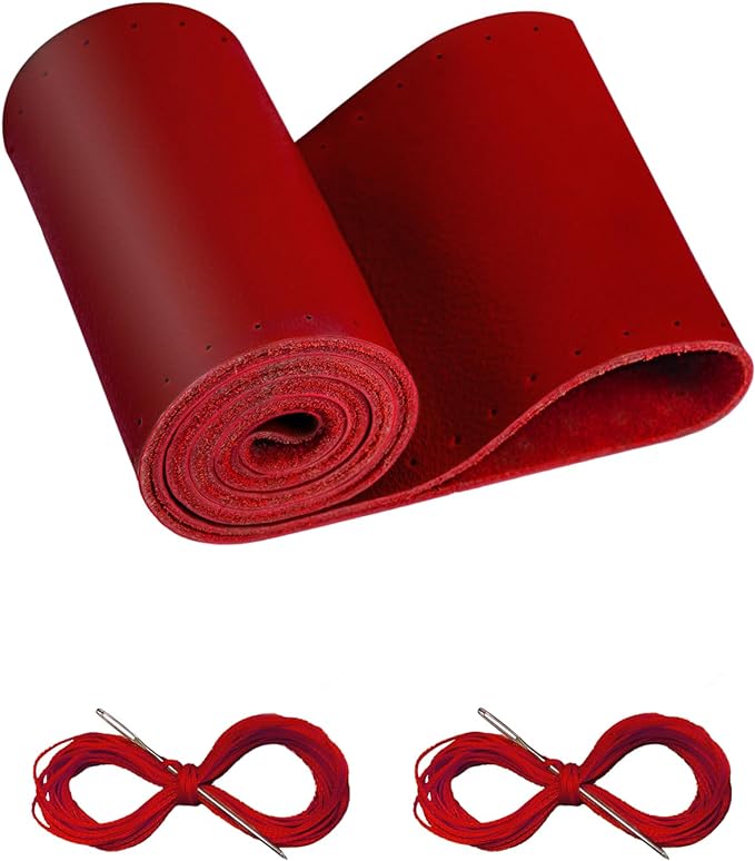 BELINOUS Leather Steering Wheel Cover Lace Up, Stitch On Wrap, Universal Fit 13-20 inch Car Truck SUV Pickup Boat, A Whole Piece of Cowhide, DIY Stitch w/Needle Thread (Size M2, Red)